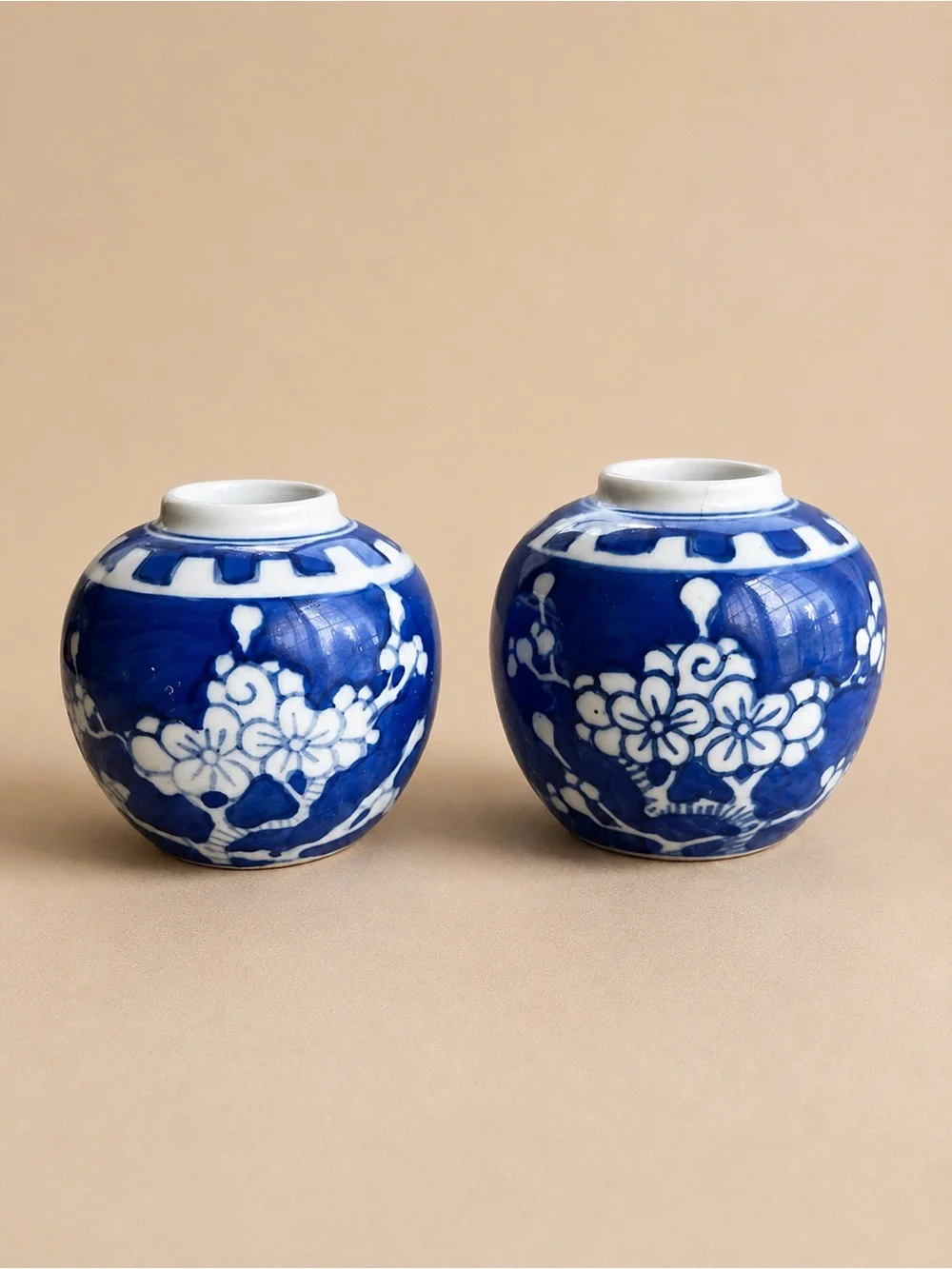 Vintage Chinese Blue White Mini Ginger Jars Pair Floral Porcelain No Lids